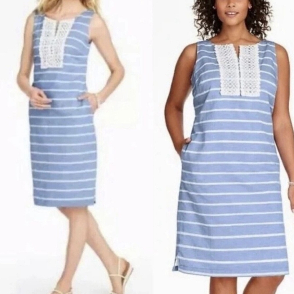 Talbots Linen Blend blue and white Striped sleeveless shift Dress.